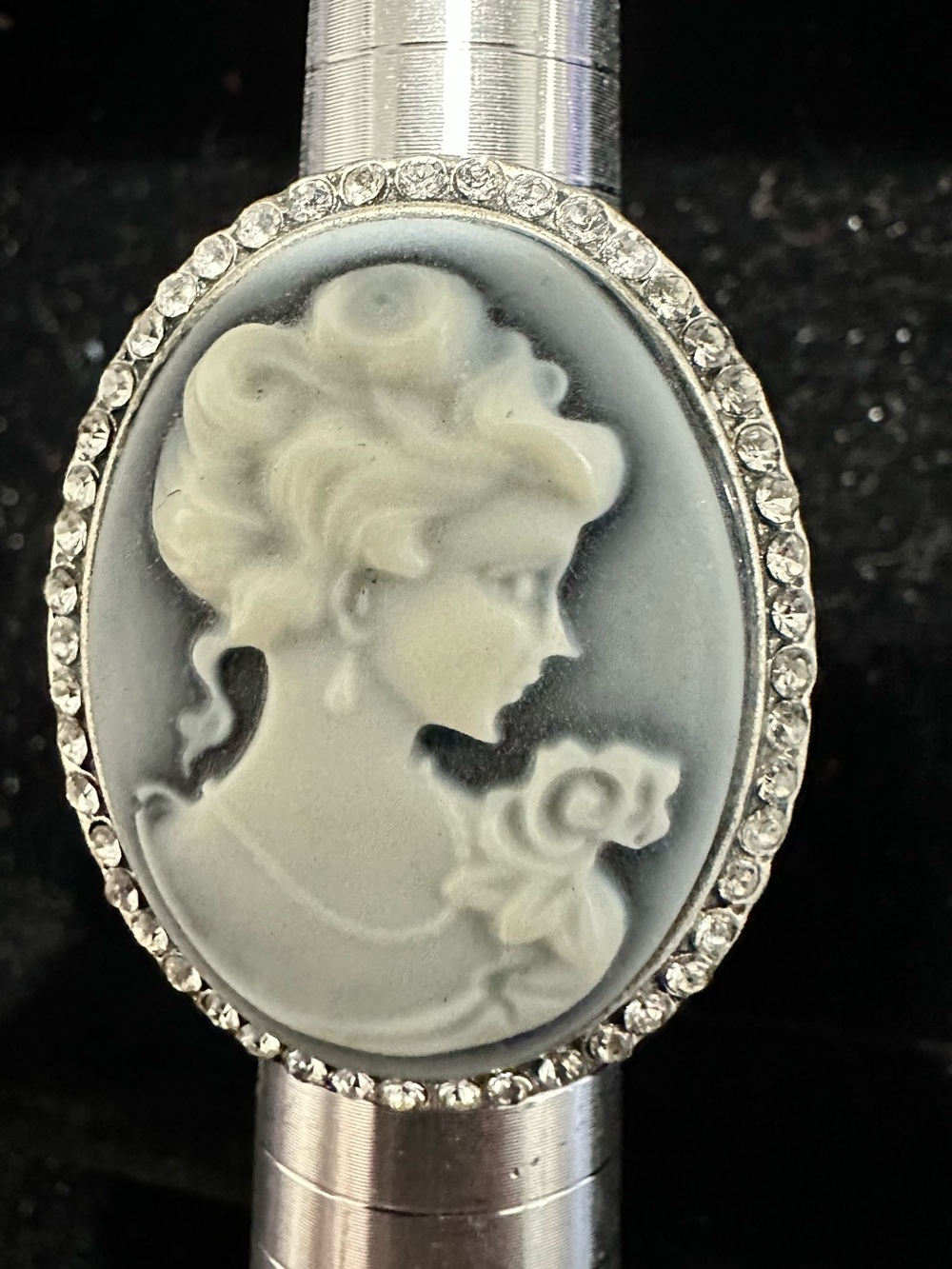 Vintage Style Blue and White Cameo Ring with Crystal Halo silver tone